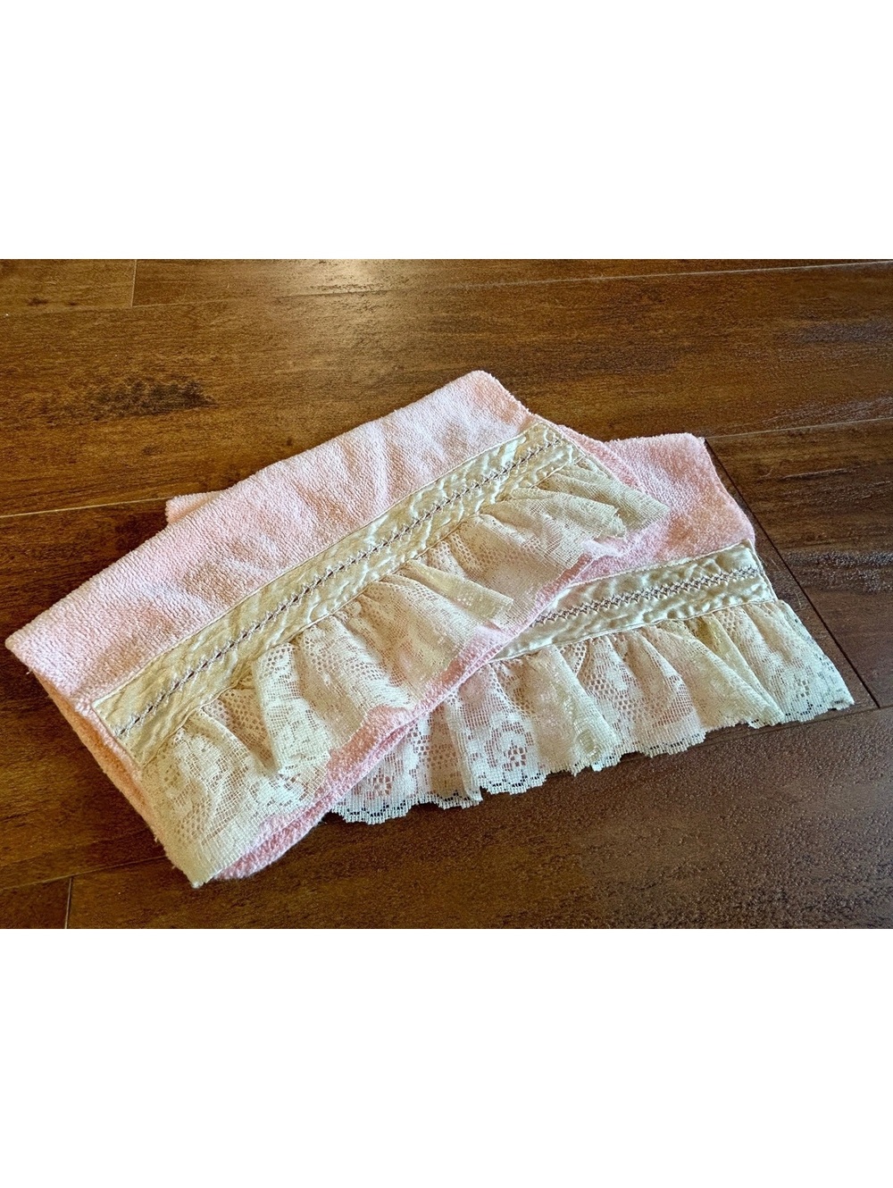 Set of Two Pink Decorative Hand Towels with Lace Trim